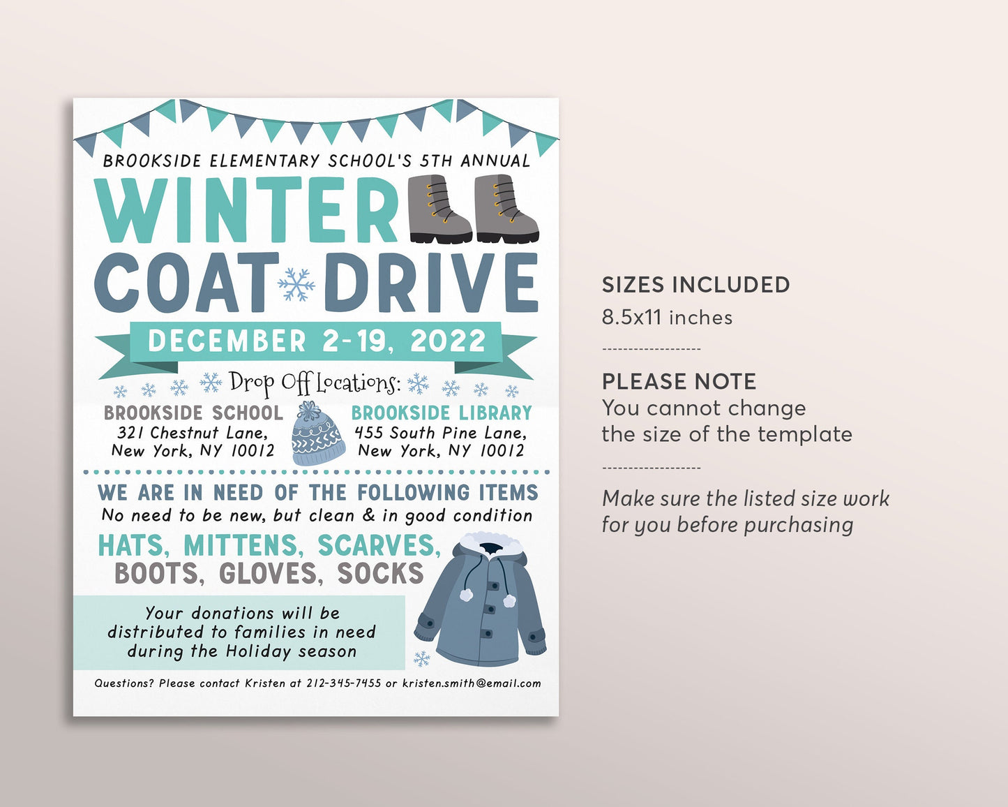 Winter Coat Drive Flyer Editable Template, Holiday Coat Drive Charity Church Fundraiser Printable PTA PTO, Christmas Coat And Warm Clothes