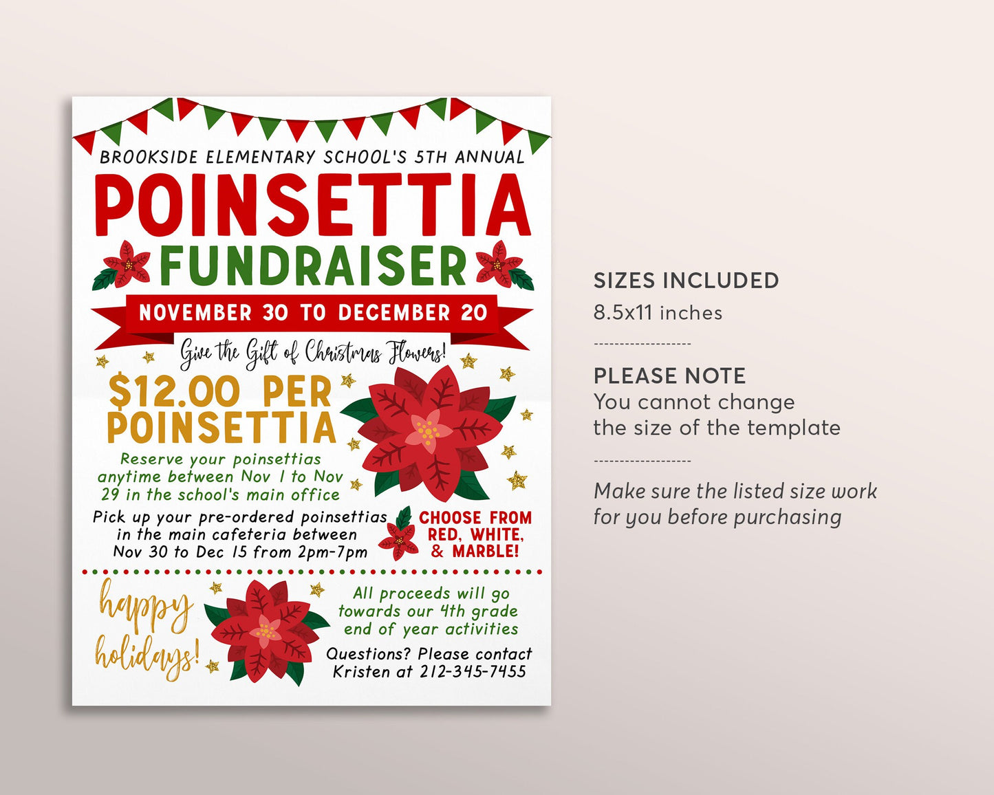 Poinsettia Fundraiser Flyer Editable Template, Christmas Poinsettia Sale, Holiday Plant Flower Sale, School Church PTO PTA Charity