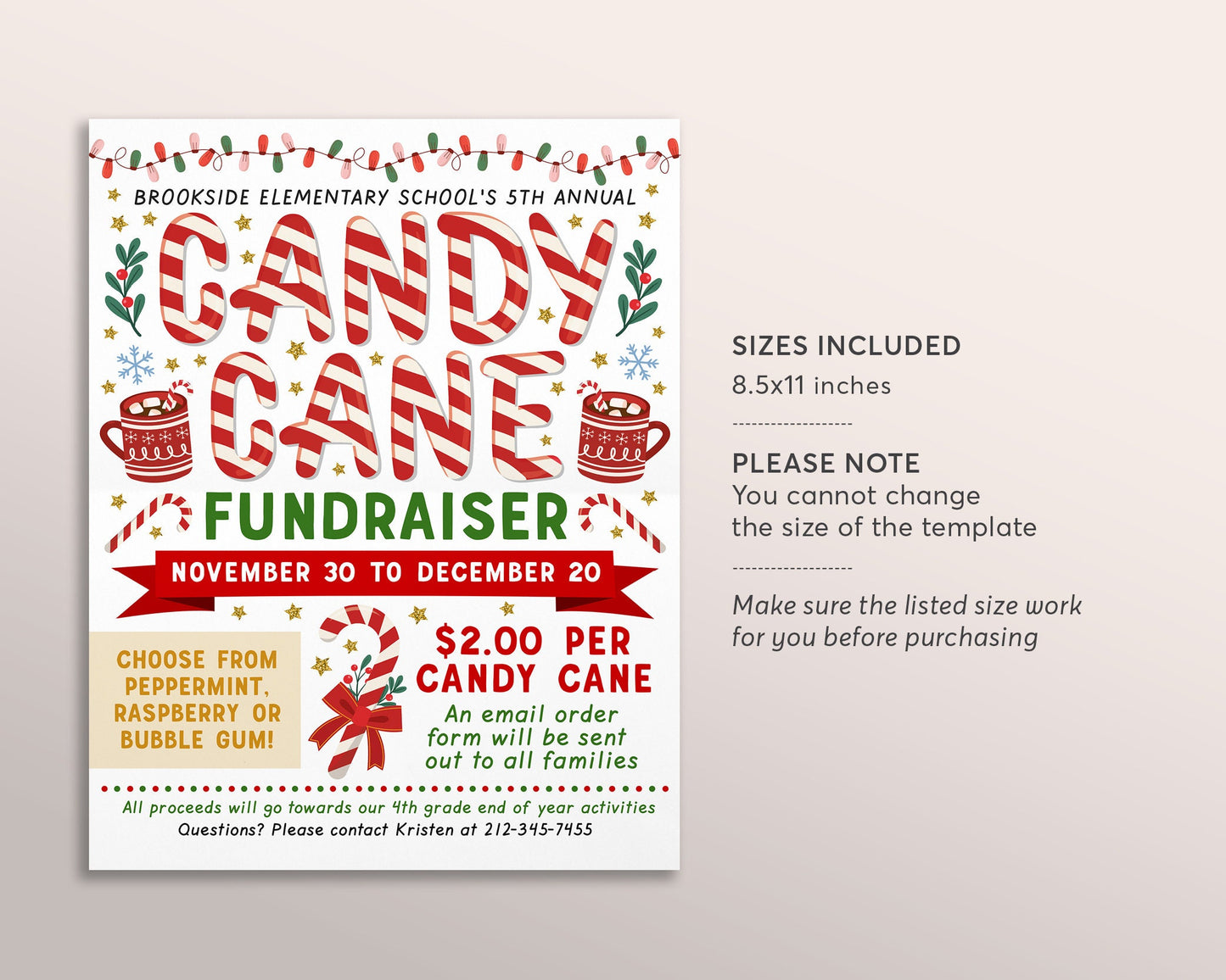 Christmas Candy Cane Fundraiser Flyer Editable Template, Holiday Community Event Invitation Printable, Xmas Event Church School PTO PTA