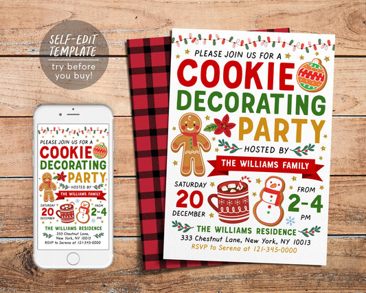 Cookie Decorating Party Invitation Editable Template, Christmas Holiday Invite, Let's Decorate Cookies and Hot Chocolate Party Printable