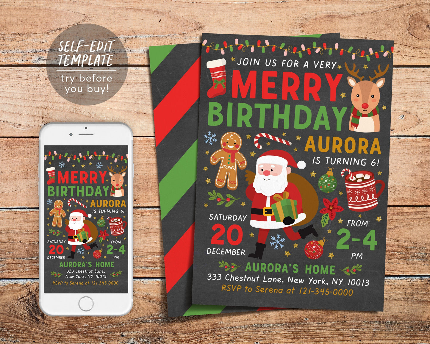 Very Merry Birthday Invitation Editable Template, Santa Christmas Holiday Birthday Invite Printable, Santa Party Invite, 1st First Birthday