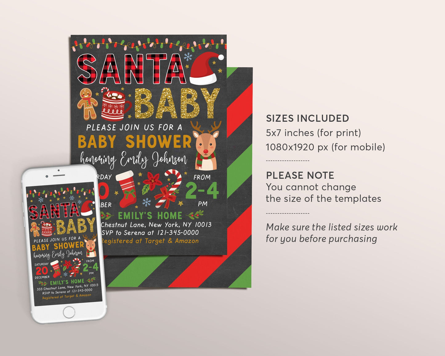 Santa Baby Christmas Baby Shower Party Invitation Editable Template, Xmas Winter Baby Shower Invite, Gender Reveal Holiday, Couples Shower