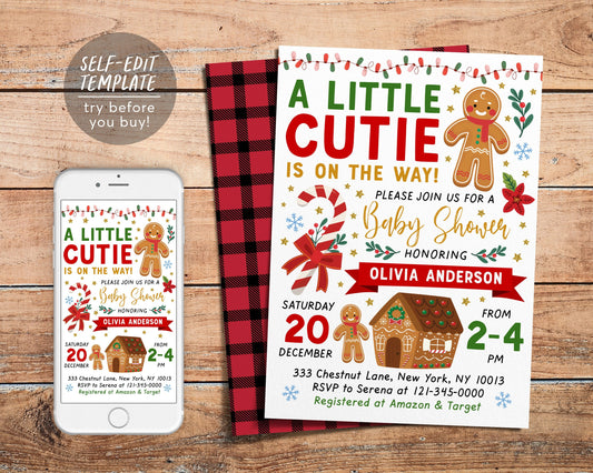 Gingerbread BOY Baby Shower Invitation Editable Template, A Baby Boy is on the Way Baby Sprinkle, Christmas Xmas Gingerbread House Invite