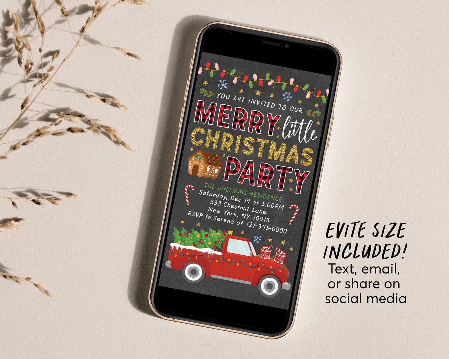 Merry Little Christmas Party Invitation Editable Template, Christmas Tree Truck Invite, Xmas Buffalo Plaid Holiday Party Invite For Adults