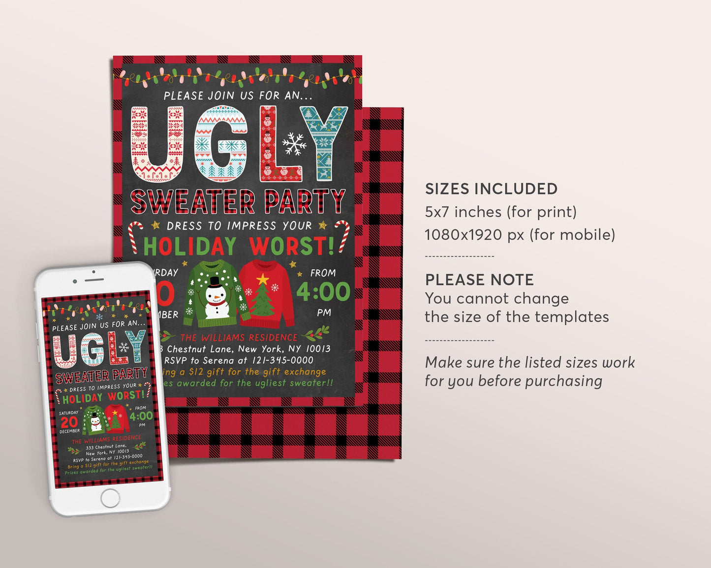 Ugly Christmas Sweater Party Invitation Editable Template, Xmas Party Invite For Adults, Holiday Ugly Sweater, Eat Drink And Be Ugly