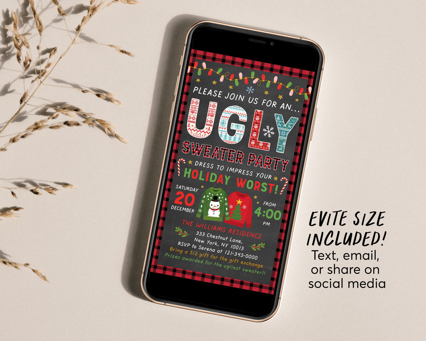 Ugly Christmas Sweater Party Invitation Editable Template, Xmas Party Invite For Adults, Holiday Ugly Sweater, Eat Drink And Be Ugly