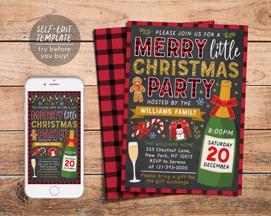 Merry Little Christmas Party Invitation Editable Template, Xmas Buffalo Plaid Holiday Party Invite For Adults, Flannel and Frost Invite