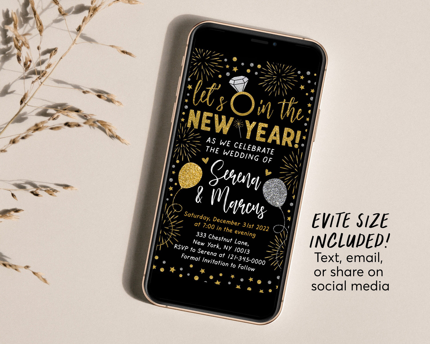 New Years Eve Wedding Save The Date Editable Template, Ring in the New Year Invitation, Black and Gold Couples Engagement Party Invite