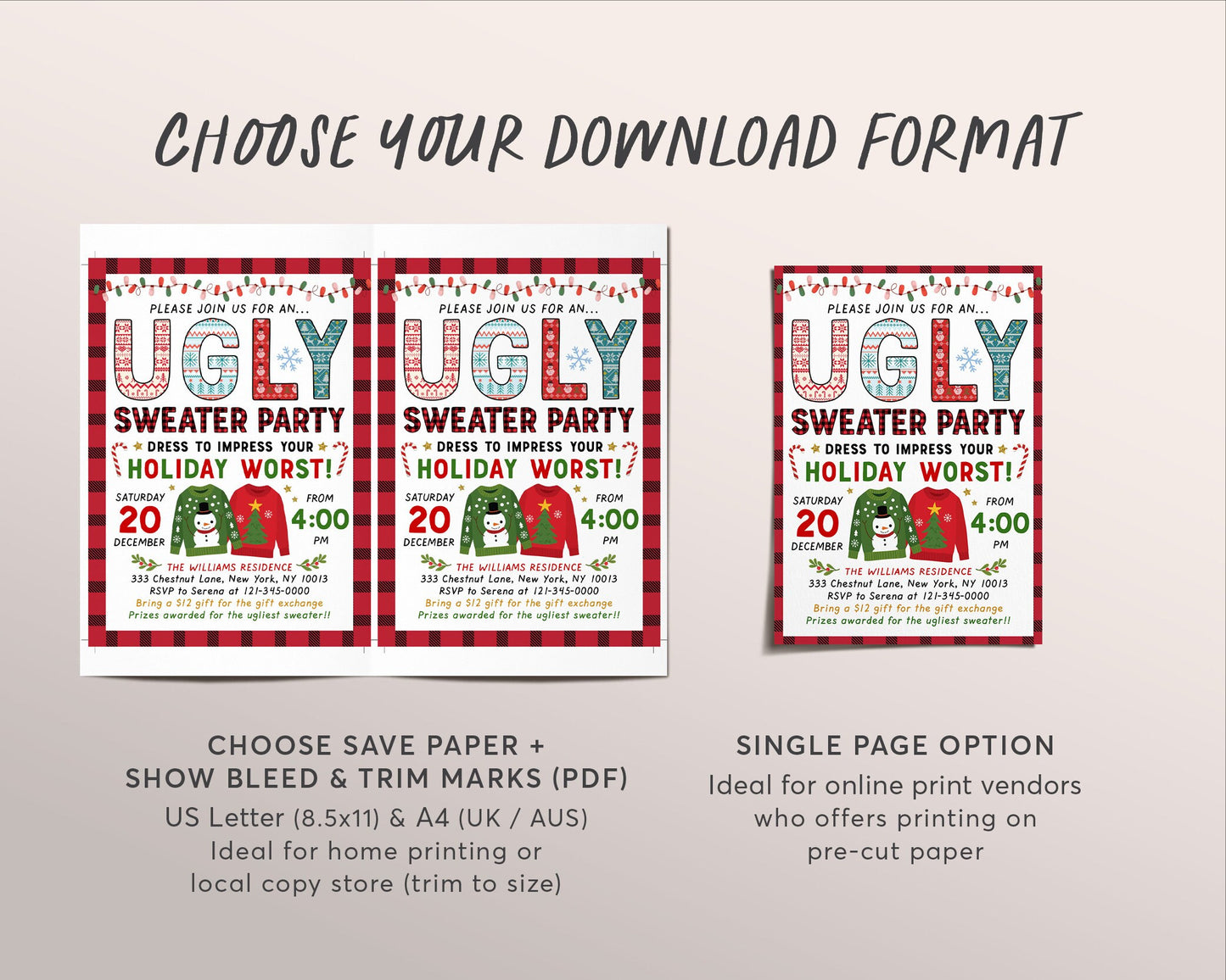 Ugly Christmas Sweater Party Invitation Editable Template, Holiday Office Party Contest Xmas Invite For Adults, Holiday Ugly Sweater