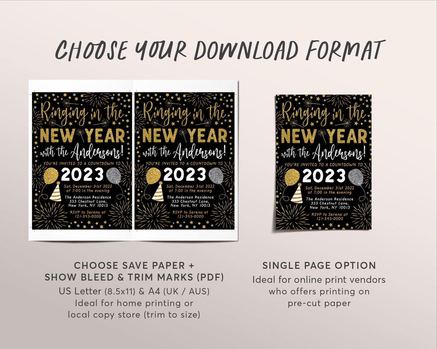 New Years Eve Party Invitation Editable Template, Adult Holiday Party Invite Printable, Electronic NYE Invite, Gold Glitter Black Cocktail