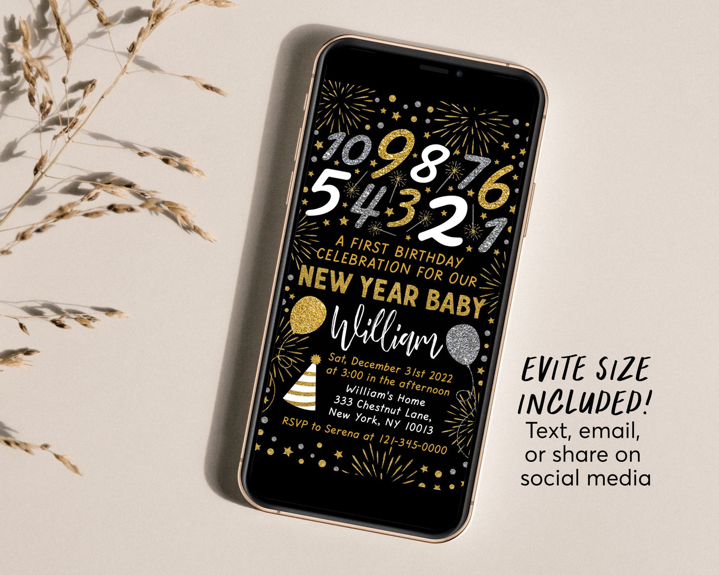 Countdown to One Birthday Invitation Editable Template, New Years Eve 1st First Birthday Kids Invite Printable, Happy One Year NYE Glitter