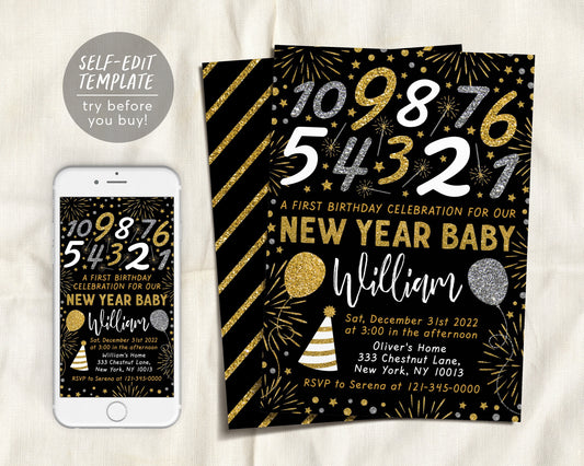 Countdown to One Birthday Invitation Editable Template, New Years Eve 1st First Birthday Kids Invite Printable, Happy One Year NYE Glitter