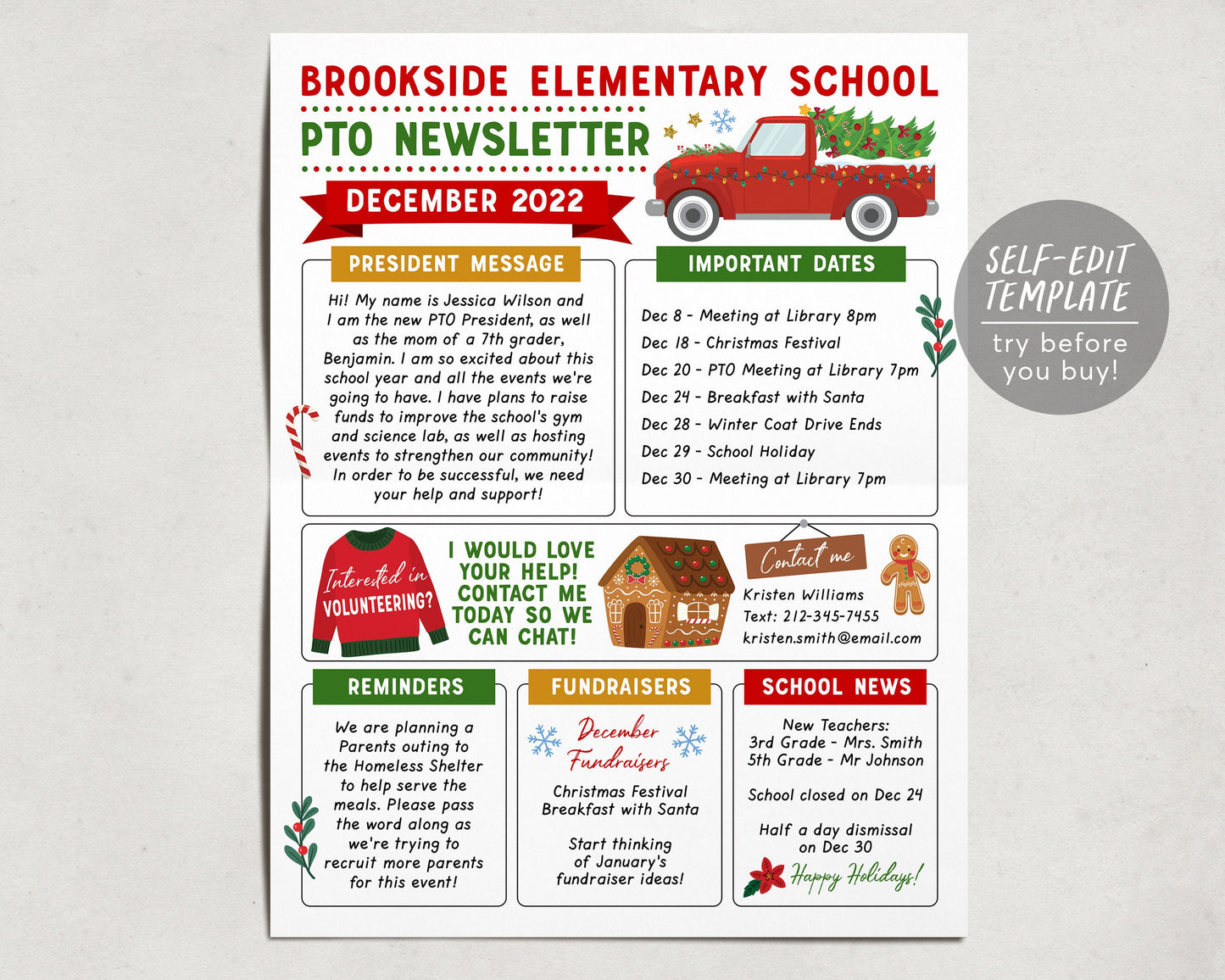 December PTO PTA Newsletter Flyer Editable Template, Holiday Meeting Agenda Printable Handout, Seasonal Christmas Organizer School Year