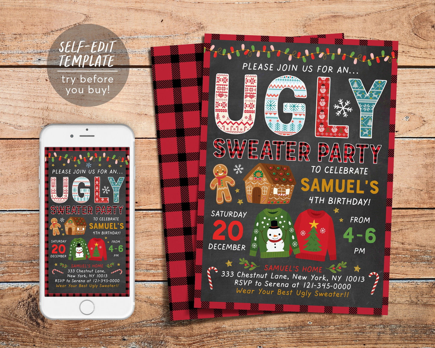 Ugly Sweater Birthday Invitation Editable Template, Christmas Ugly Sweater Contest Invite, Xmas Holiday Merry Little Christmas Party