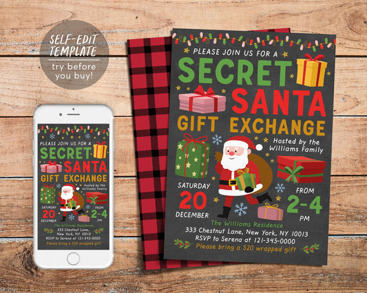 Secret Santa Gift Exchange Invitation Editable Template, Holiday Christmas Xmas Gift Swap Party for Children Kids Adults Printable Evite