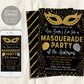 Masquerade Party Invitation Editable Template, New Years Eve Party Invite, Gold Mask Invite Printable For Adults, Masked Party Bash Evite