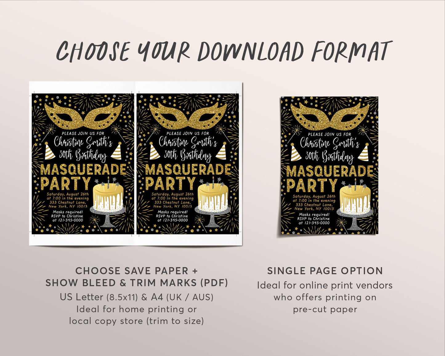 Masquerade Birthday Invitation Editable Template, 30th Birthday Mask Masked Ball NYE Invite, Gold Mask Tuxedo Evite Printable For Adults
