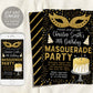 Masquerade Birthday Invitation Editable Template, 30th Birthday Mask Masked Ball NYE Invite, Gold Mask Tuxedo Evite Printable For Adults