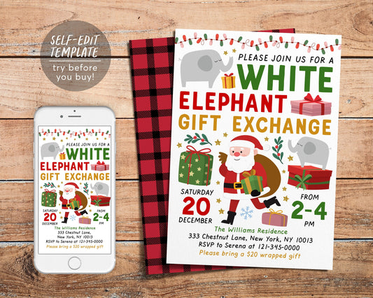 White Elephant Gift Exchange Invitation Editable Template, Christmas Xmas Holiday Gift Swap Invite, Company Party Evite Instant Download