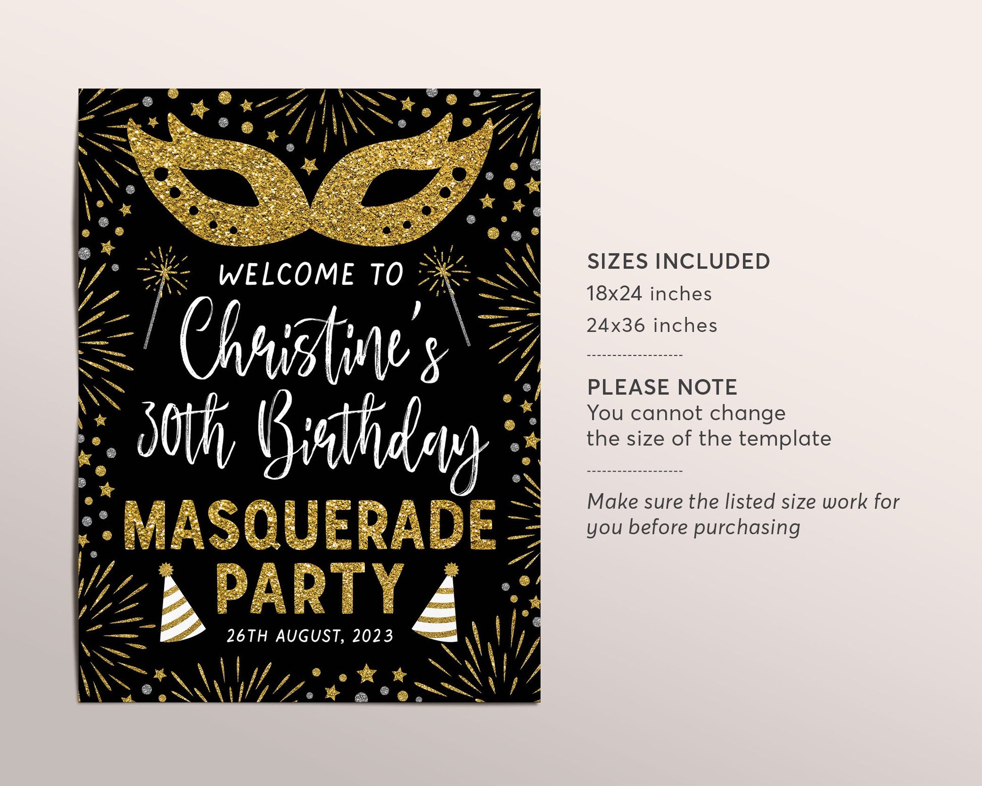 Masquerade Party Welcome Sign Black and Gold Mask Welcome Sign Birthday  Party for All Ages Gold and Black Easel Sign Template DIY Corjl AP3 