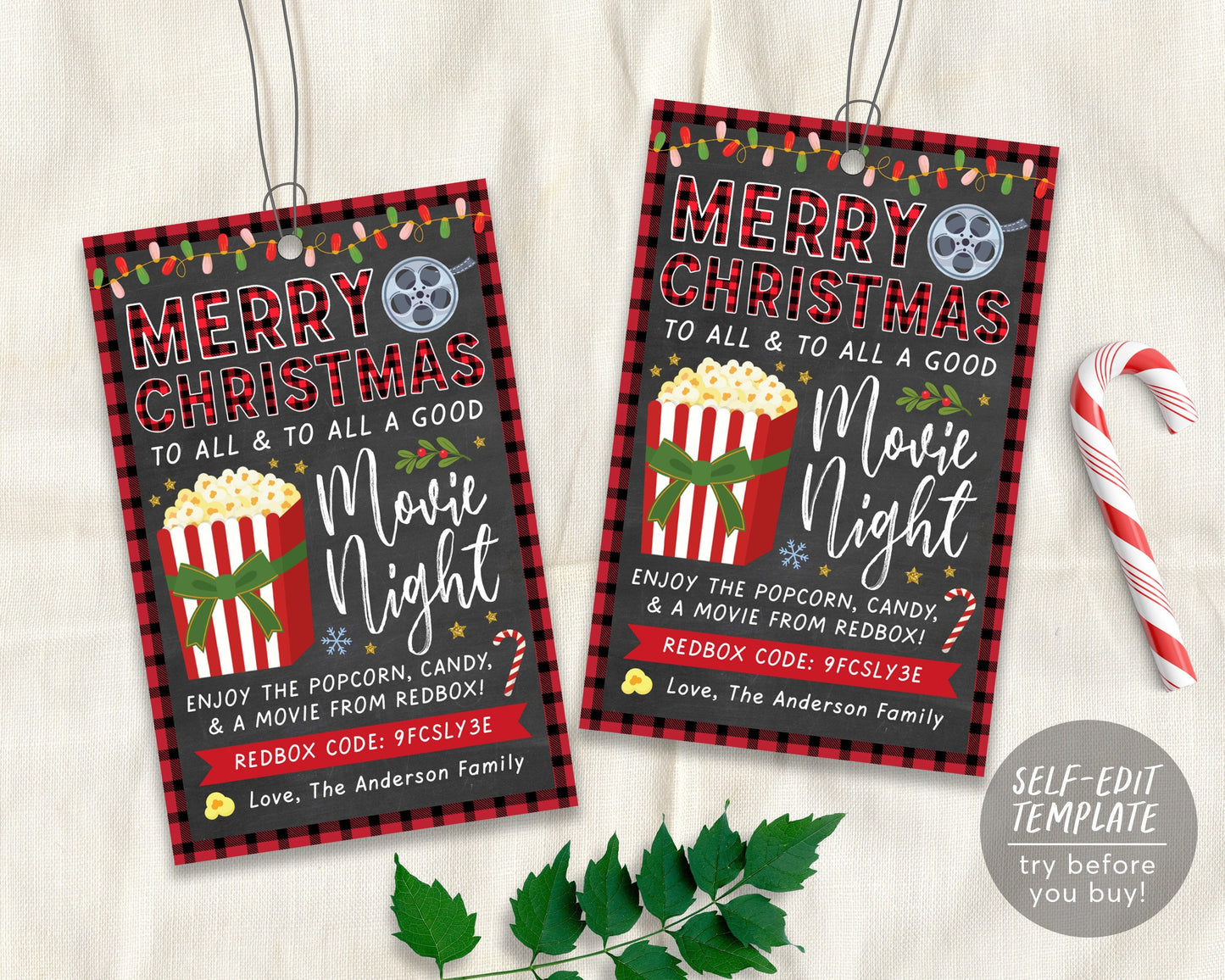 Christmas Movie Gift Tags Editable Template, Redbox Christmas Gift, Popcorn Holiday Gift Tag, Secret Santa Teacher Gift Printable