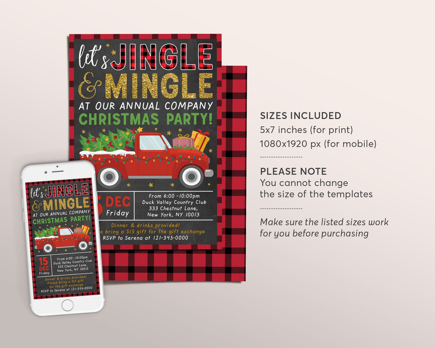 Jingle & Mingle Christmas Party Editable Template, Xmas Company Staff Holiday Party Invite, Buffalo Plaid Party, Rustic Chalkboard Evite
