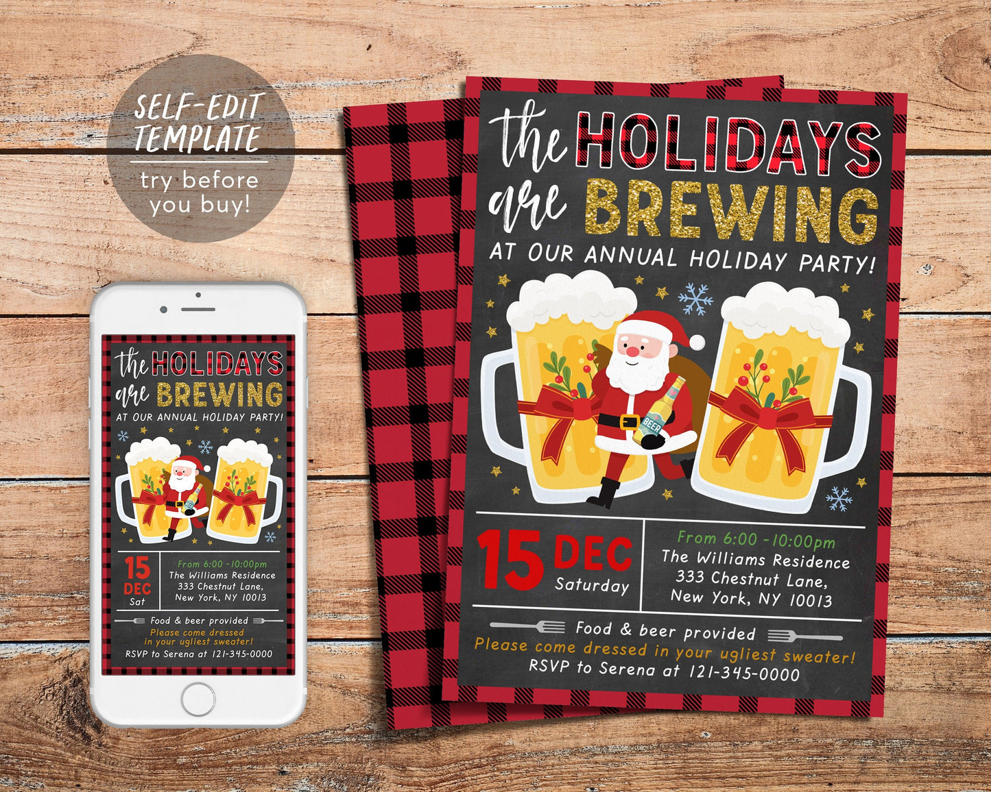 Holidays are Brewing Christmas Beer Party Invitation Editable Template, Brewery Party Invite, Xmas Company Work Staff Cocktail Party Adults