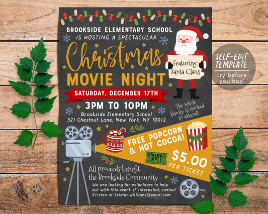 Christmas Movie Night Flyer Editable Template, Holiday Cinema Party Invite, Xmas Festival Community Event, Church School PTO PTA Fundraiser