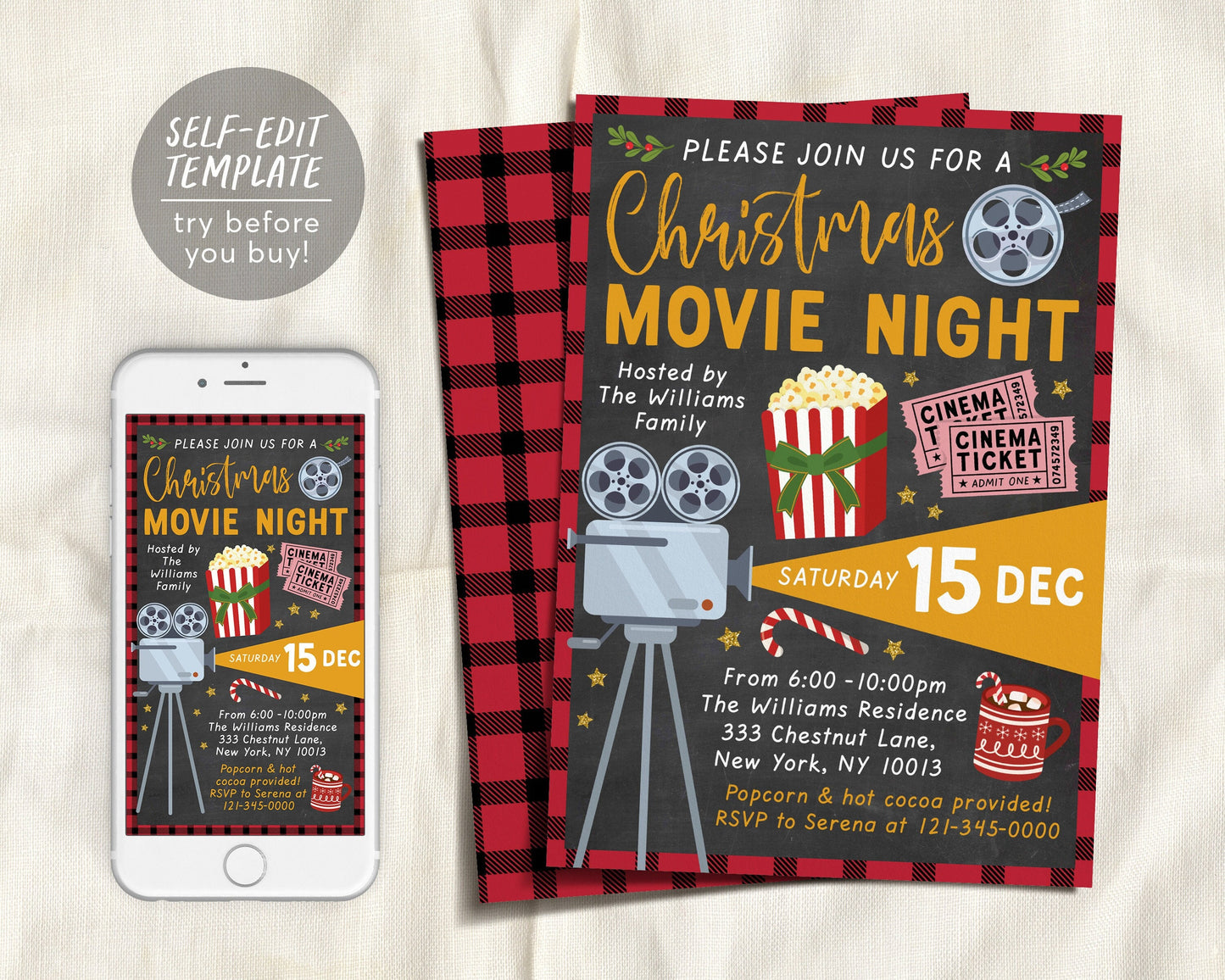 Movie Night Christmas Party Invitation Editable Template, Xmas Holiday Invite Printable, Film Ticket Birthday Movie Theater Hollywood