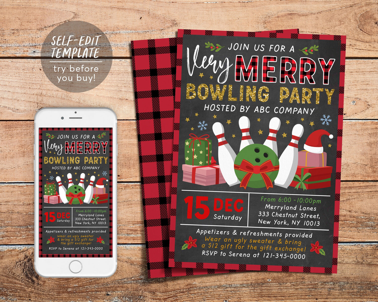Holiday Bowling Party Invitation Editable Template, Christmas Xmas Company Staff Work Party Invite, Games Flannel Plaid Retro Buffalo Rustic