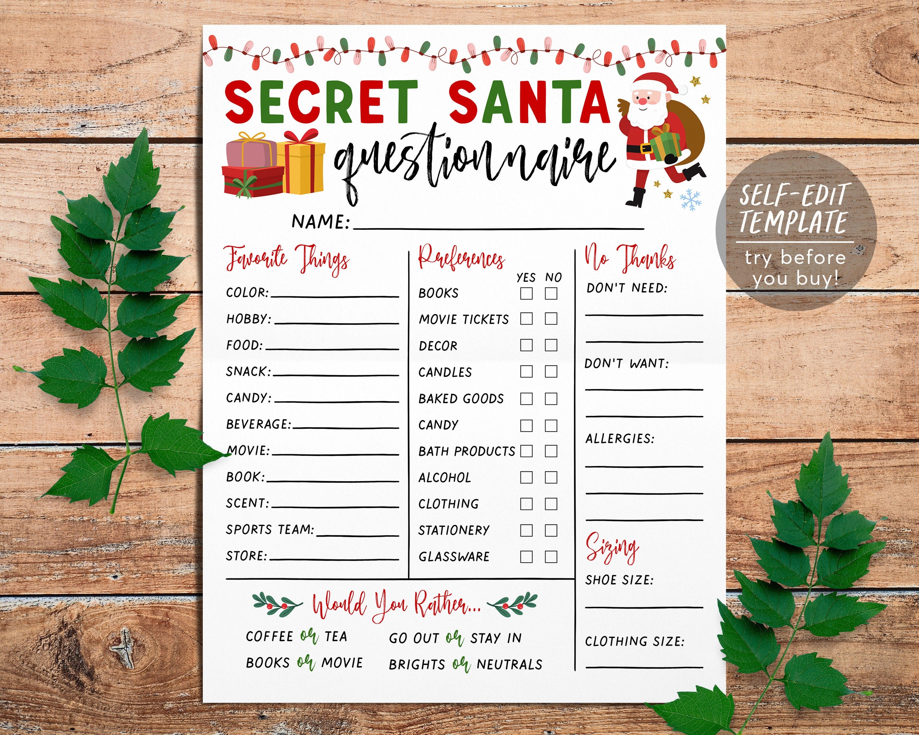 secret santa questionnaire editable template, holiday christmas gift  exchange form wish list printable, work office secret santa party games