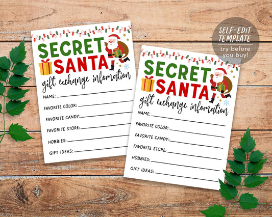 Secret Santa Gift Exchange Cards Editable Template, Holiday Christmas Exchange Forms Questionnaire Wish List, Work Office Secret Santa Games