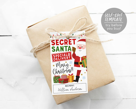 Secret Santa Gift Tags Editable Template, Christmas Santa Claus Special Delivery Gift Exchange Printable Favor Tags, Holiday Party Favor