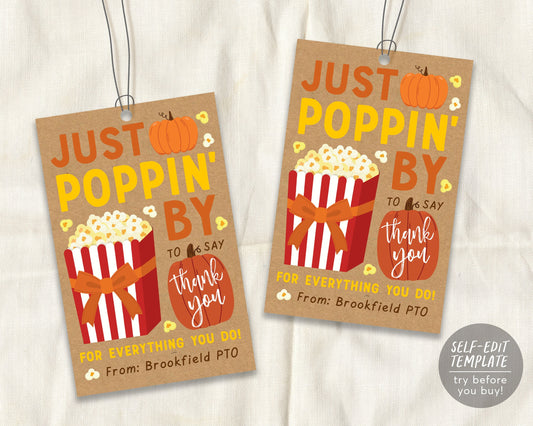Fall Popcorn Thank You Gift Tags Editable Template, Autumn Thanksgiving Treat Favor Tag For Teachers Nurse Staff Employees PTO PTA Labels