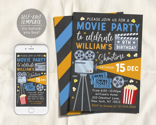 Movie Night BOY Birthday Invitation Editable Template, Cinema Hollywood Movie Theater Party Invite, Popcorn And Movies Kids Backyard Outdoor