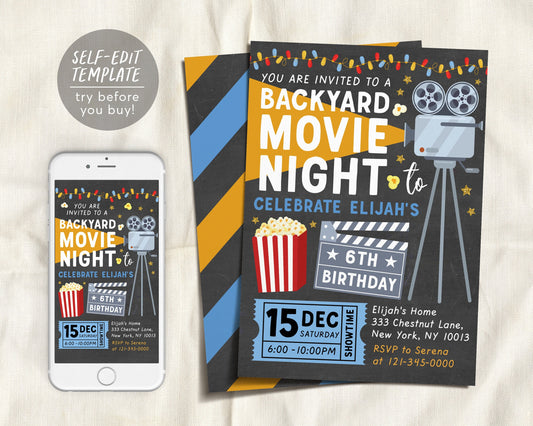 Backyard Movie Night BOY Birthday Invitation Editable Template, Outdoor Movie Pajamas Party Popcorn Sleep Over Invite, Under the Stars Kids