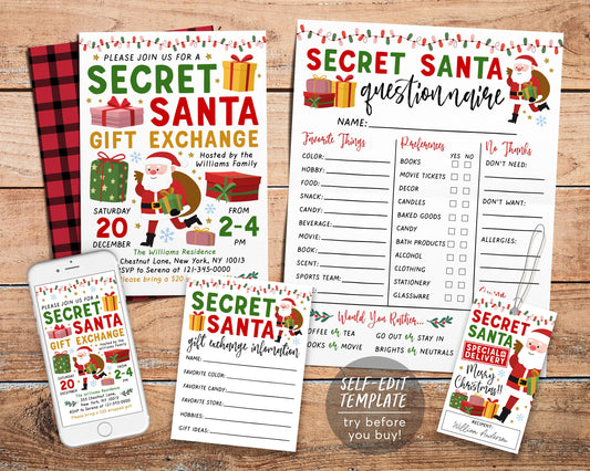 Secret Santa BUNDLE Kit Printable Editable Template, Secret Santa Invitation Evite Questionnaire Game Exchange Forms, Secret Santa Gift Tags