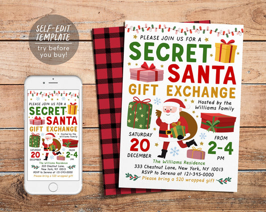 Secret Santa Gift Exchange Invitation Editable Template, Holiday Christmas Xmas Gift Swap Party for Children Kids Adults Printable Evite