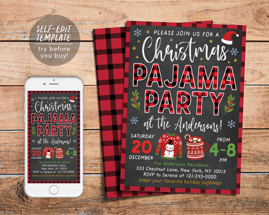 Christmas Pajama Party Invitation Editable Template, Kids Xmas Holiday Invite Printable, Kids PJs Sleepover Party, Flannel Buffalo Plaid