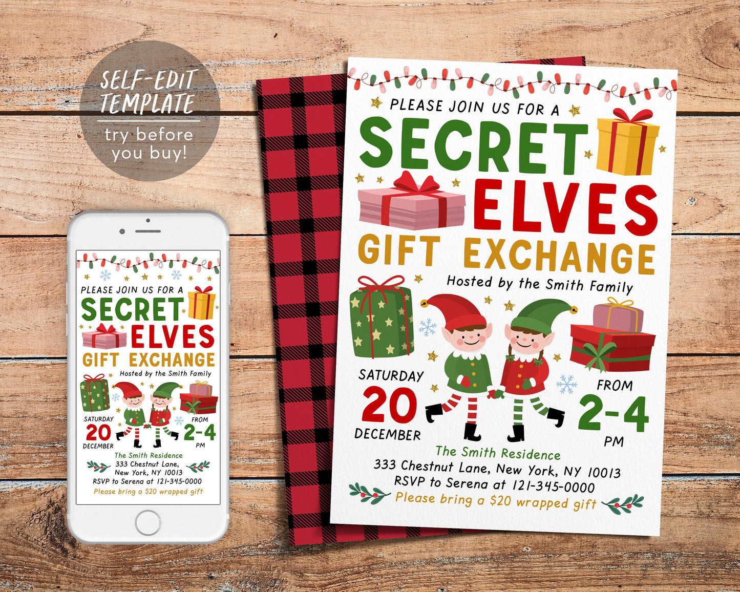 Secret Elves Gift Exchange Invitation Editable Template, Secret Elf Santa Holiday Christmas Xmas Gift Swap Party for Children Kids Adults