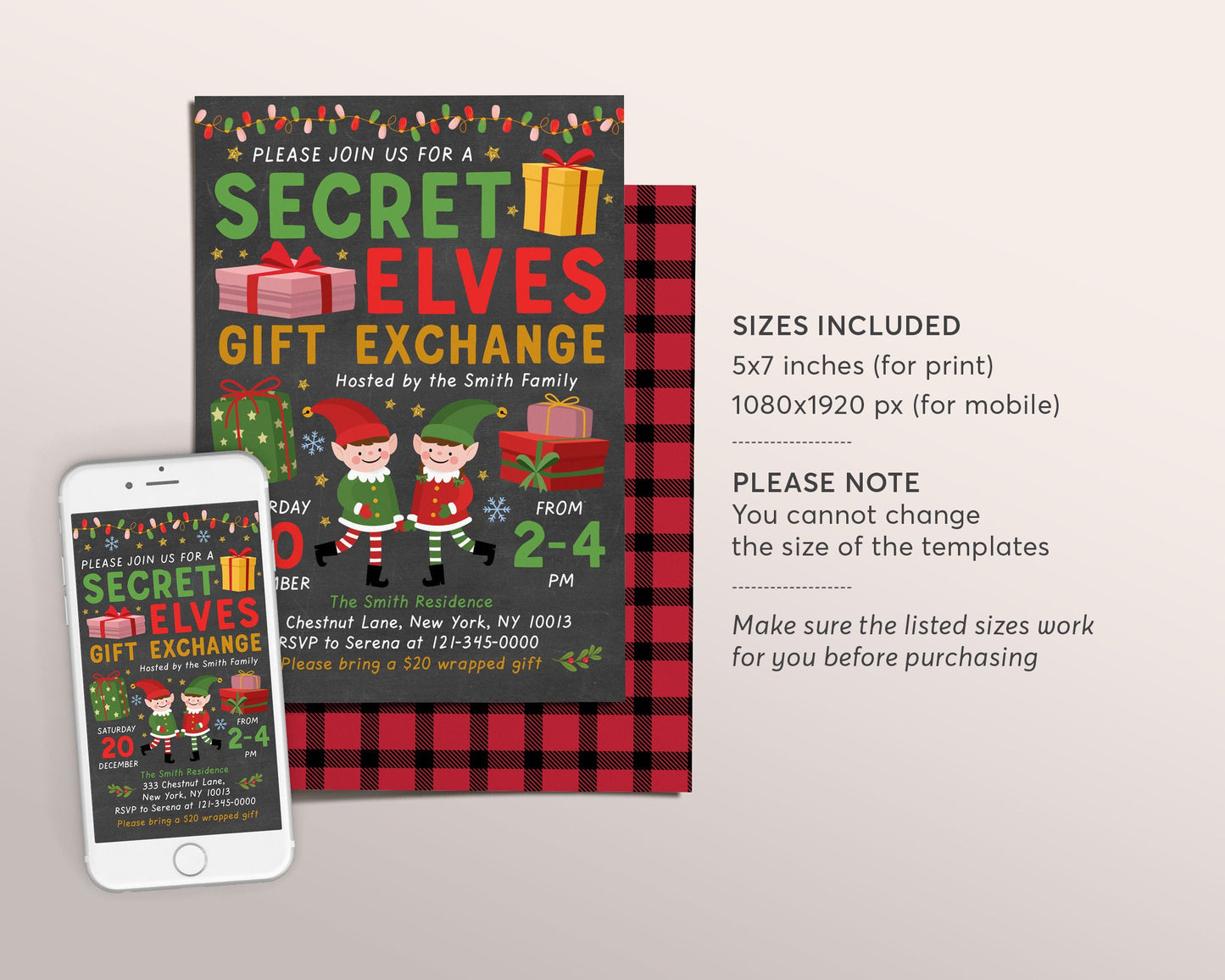 Secret Elves Gift Exchange Invitation Editable Template, Secret Elf Santa Holiday Christmas Xmas Gift Swap Party for Children Kids Adults