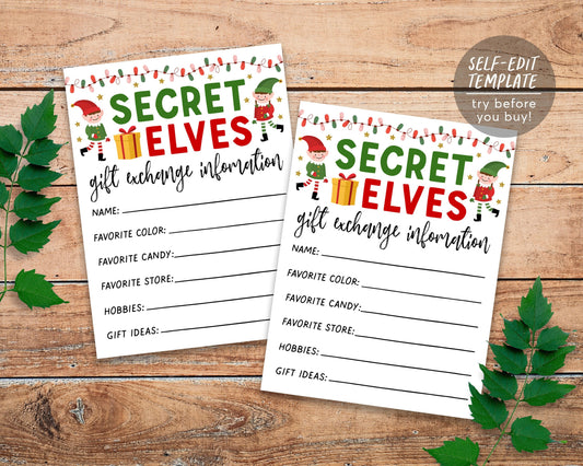 Secret Elves Gift Exchange Cards Editable Template, Secret Elf Santa Holiday Christmas Exchange Forms Questionnaire, Work Secret Santa Games