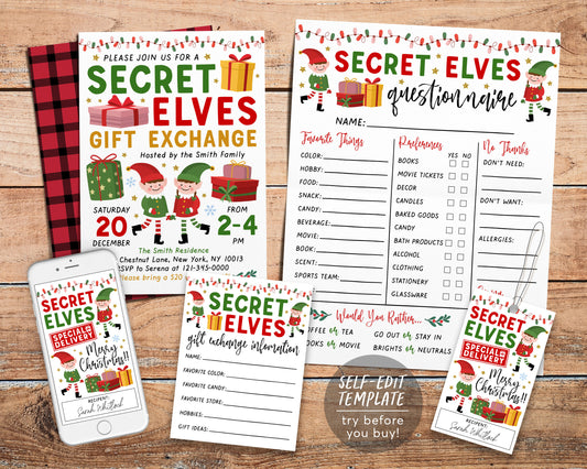 Secret Elves BUNDLE Kit Printable Editable Template, Secret Elf Santa Invitation Questionnaire Game Exchange Forms, Secret Santa Gift Tags