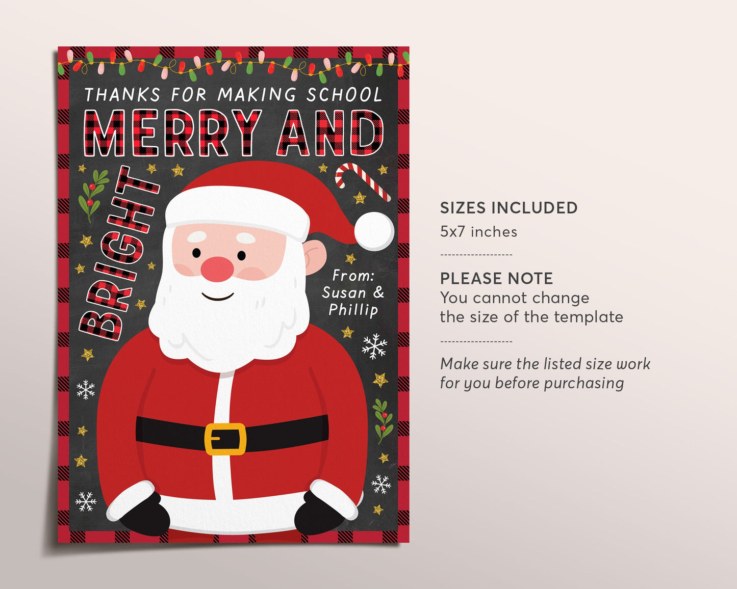 Christmas Teacher Printable Gift Card Holder Editable Template, Xmas Teacher Co-Workers Thank You Gift Ideas, Santa Merry And Bright