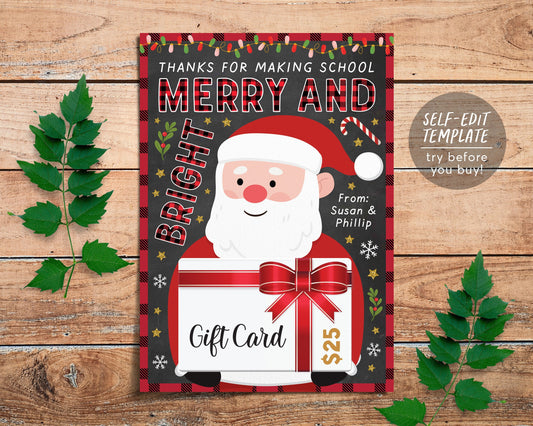 Christmas Teacher Printable Gift Card Holder Editable Template, Xmas Teacher Co-Workers Thank You Gift Ideas, Santa Merry And Bright