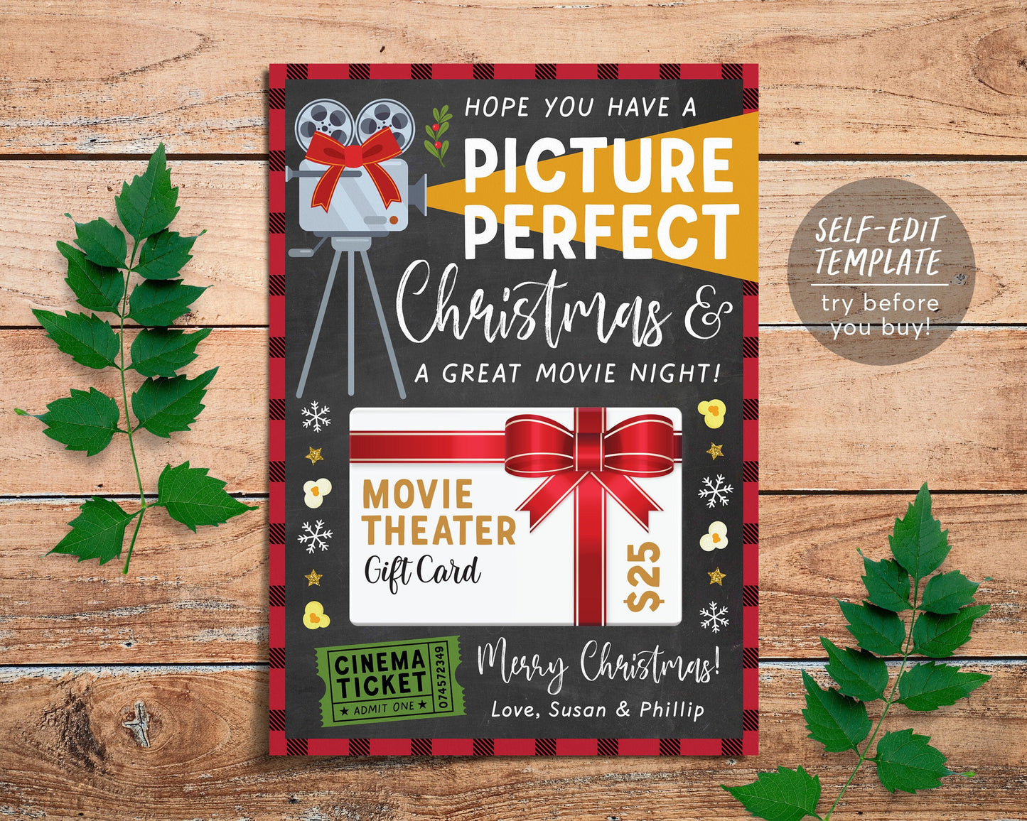 Christmas Movie Theater Gift Card Holder Editable Template, Picture Perfect Movie Certificate, Movie Themed Xmas Teacher Thank You Gift