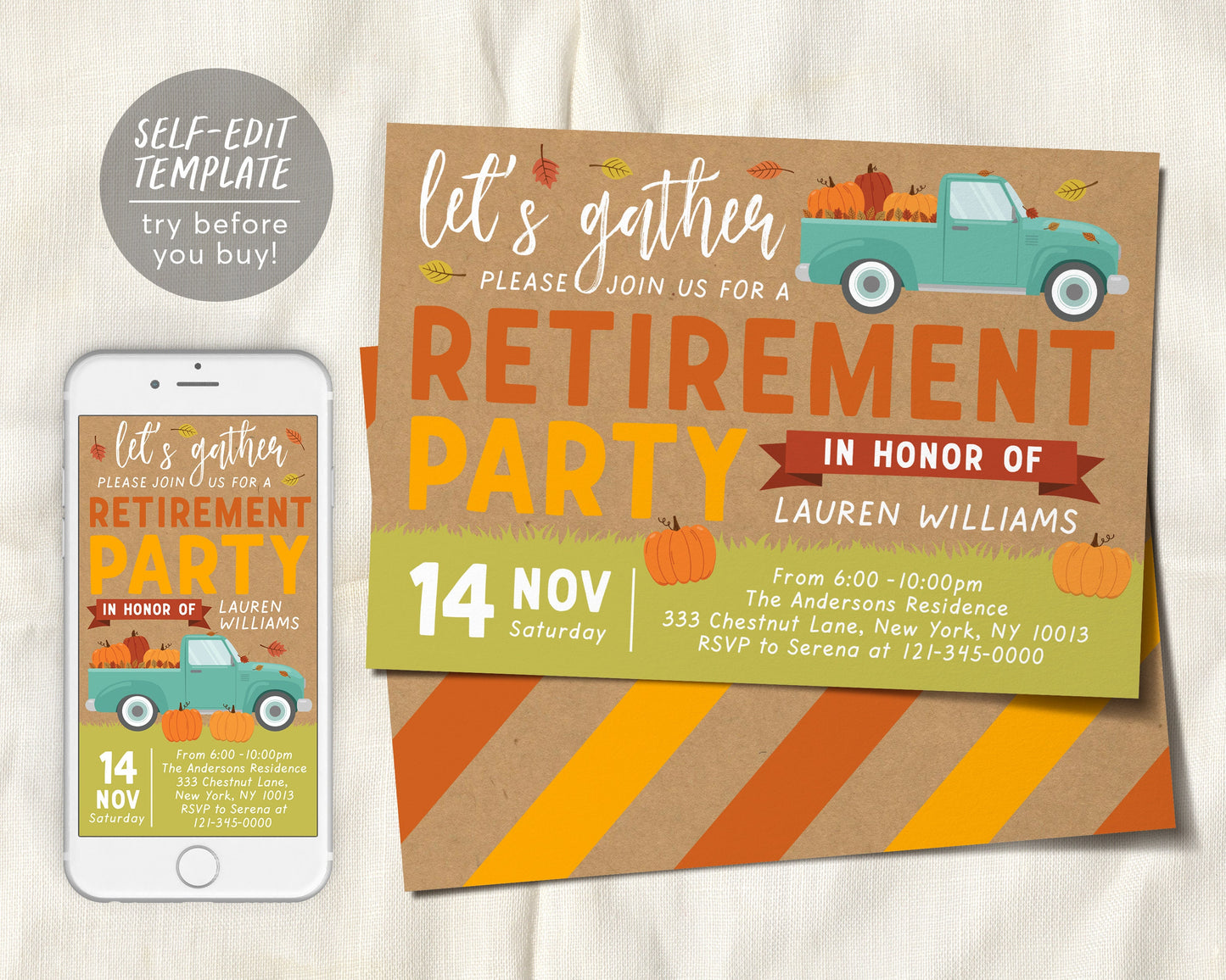 Fall Retirement Party Invitation Editable Template, Pumpkin Truck Holiday Retirement Celebration Evite Invite, Fall Pumpkins Autumn