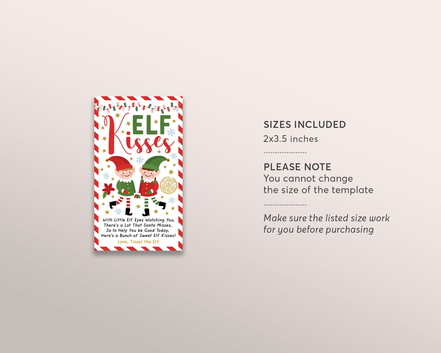 Elf Kisses Tags Editable Template, Christmas Elf Kisses Labels Printable, Christmas Holiday Classroom Treat Bag Topper, Xmas Eve Box Filler