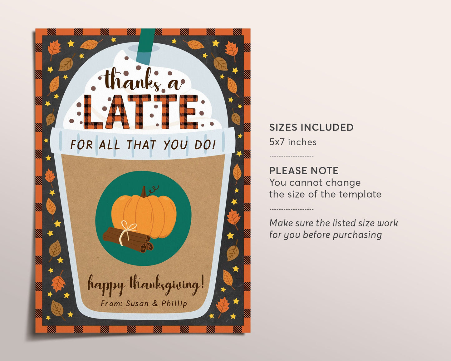 Thanksgiving Coffee Gift Card Holder Editable Template, Thanks a Latte Teacher Staff Appreciation Holiday Card, Autumn Fall Frappé Gift