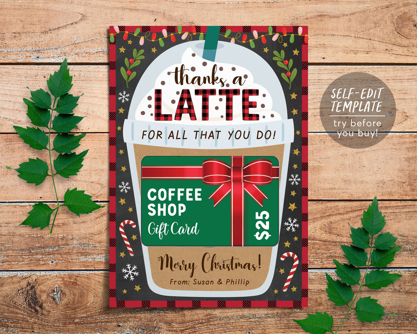 Christmas Coffee Gift Card Holder Editable Template, Thanks a Latte Teacher Staff Appreciation Holiday Card, Frappé Gift, Instant Download
